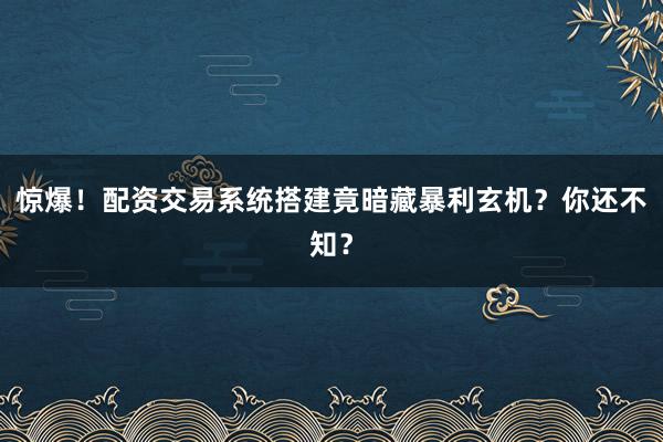 惊爆！配资交易系统搭建竟暗藏暴利玄机？你还不知？